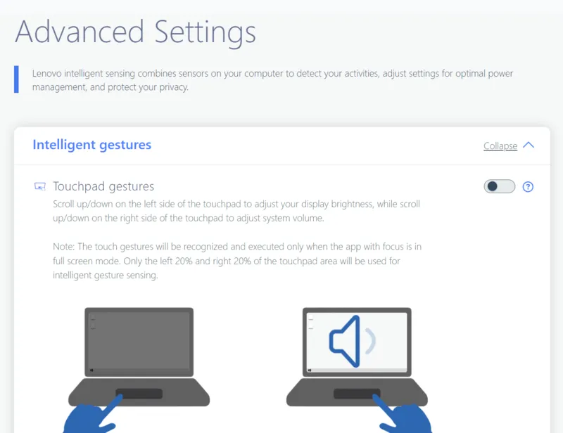 Lenovo Vantage touchpad settings screenshot