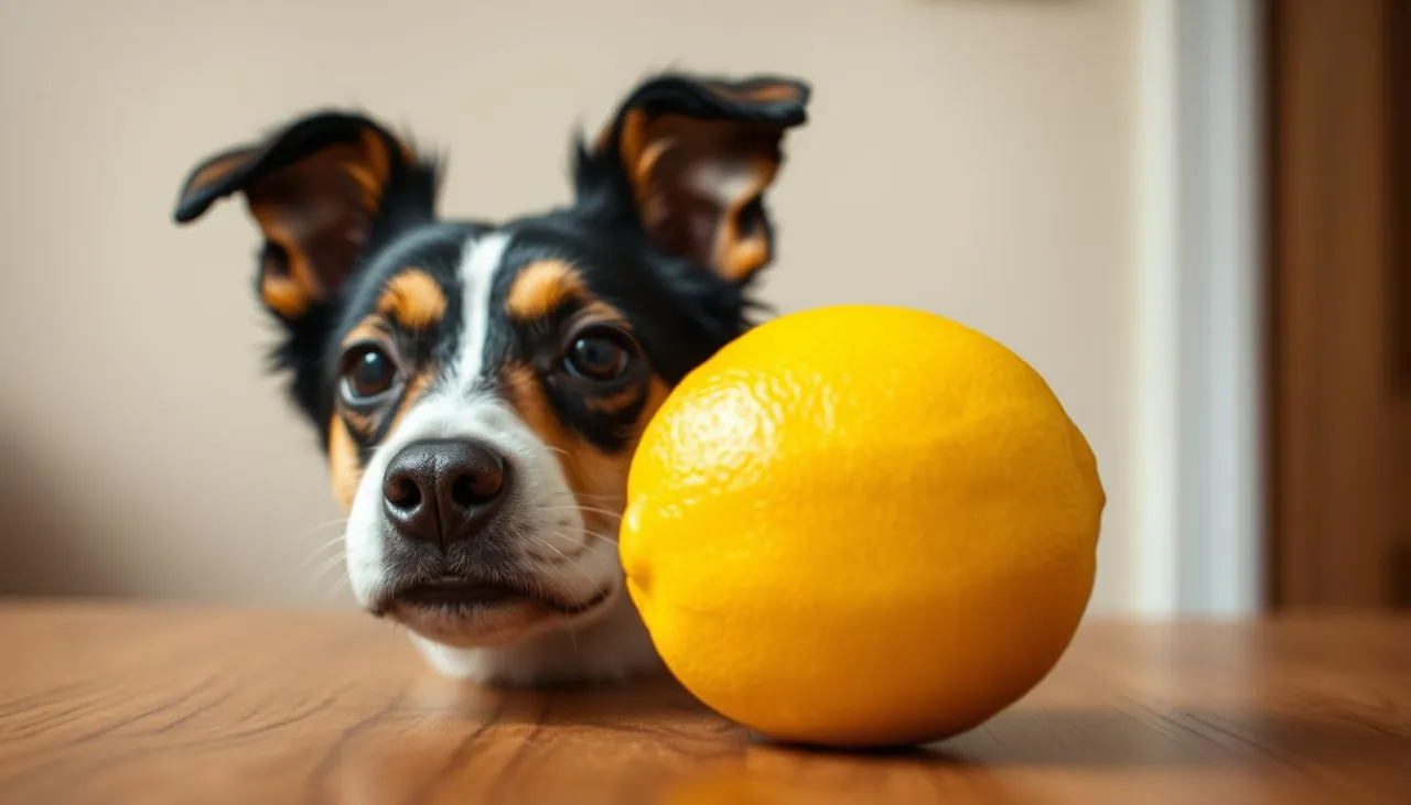 pies patrzący na pomarańczę i cytrynę