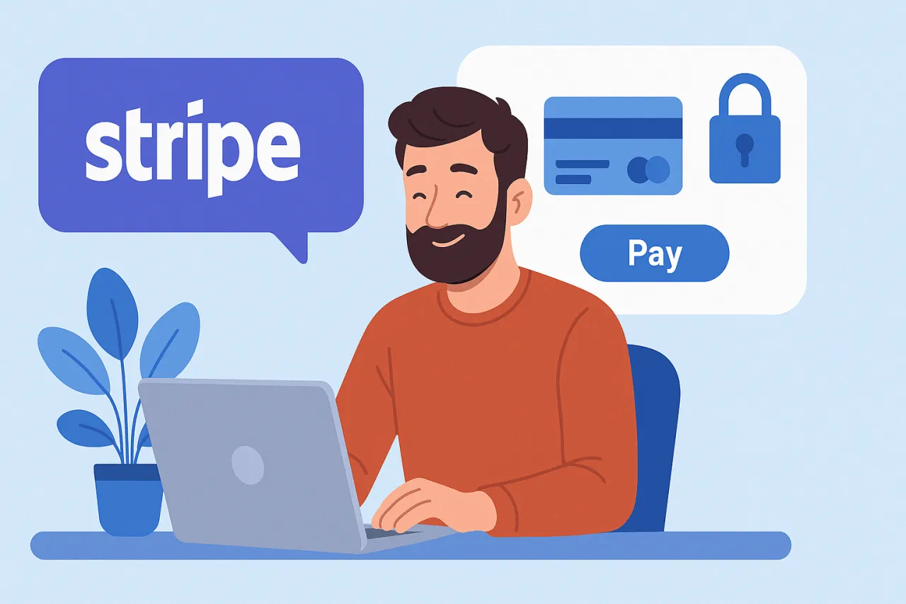Mężczyzna z brodą pracuje przy laptopie, korzystając ze Stripe do płatności. To ułatwia prowadzenie bloga.