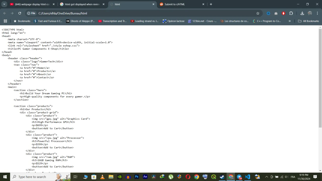 Jak zobaczyć kod HTML strony: przeglądarka wyświetla kod źr&oacute;dłowy strony internetowej z elementami takimi jak nagł&oacute;wek, nawigacja i produkty.