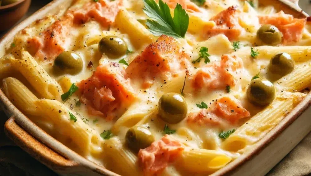 zapiekanka łososiowa z makaronem i warzywami