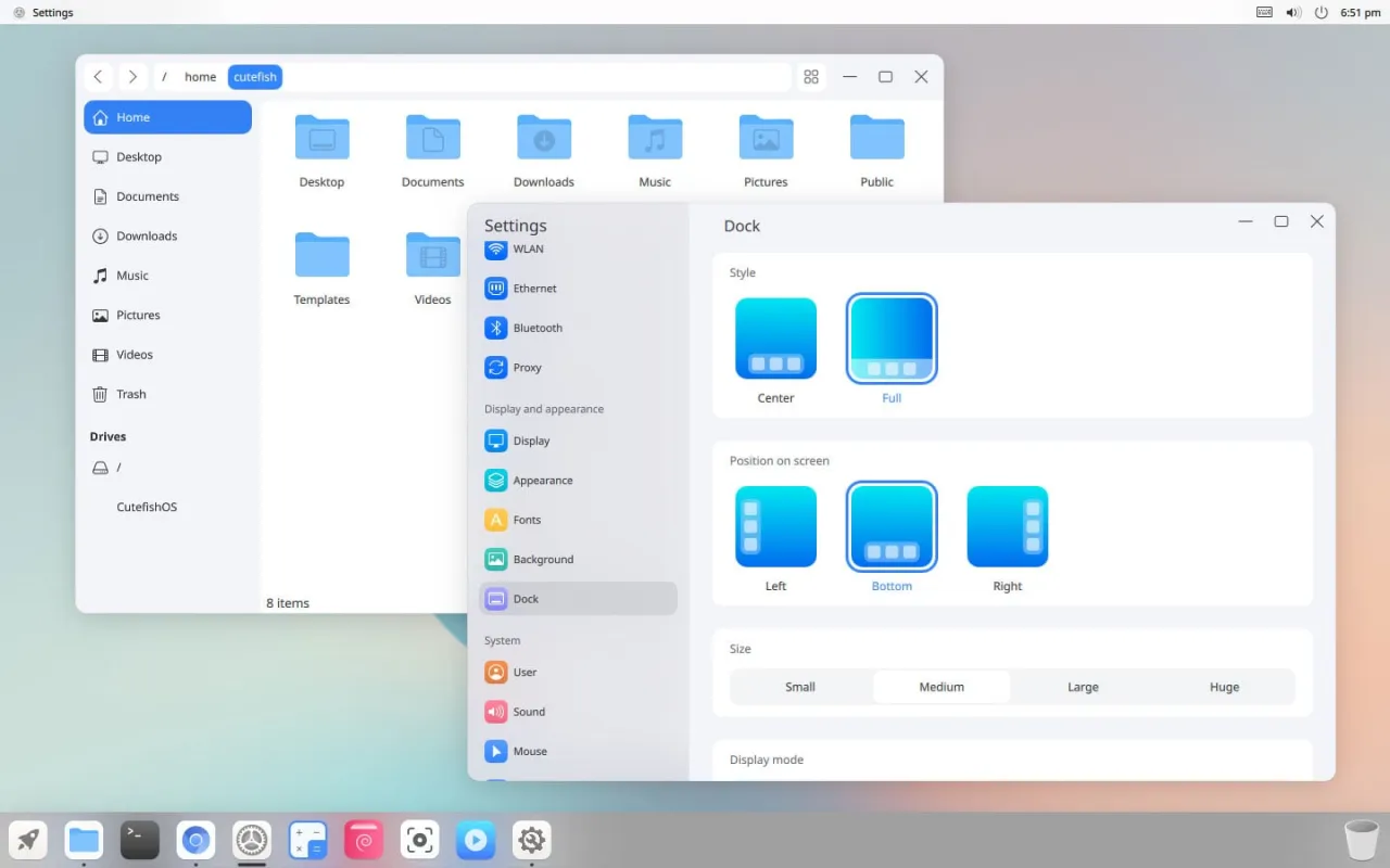 Ustawienia systemu cutefishOS: personalizacja paska Dock, wyb&oacute;r stylu, pozycji i rozmiaru ikon.