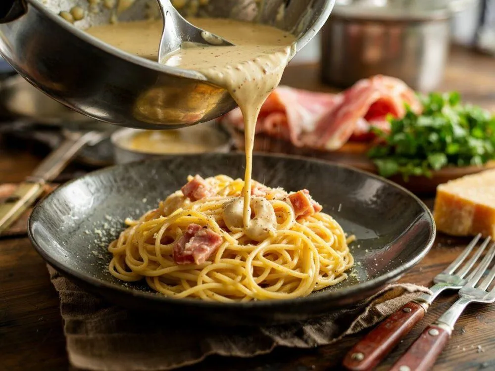 świeżo mielony czarny pieprz na makaronie carbonara