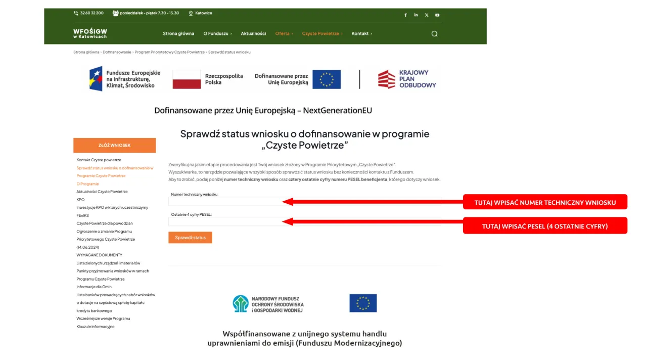 Panel użytkownika GWD Czyste Powietrze status wniosku