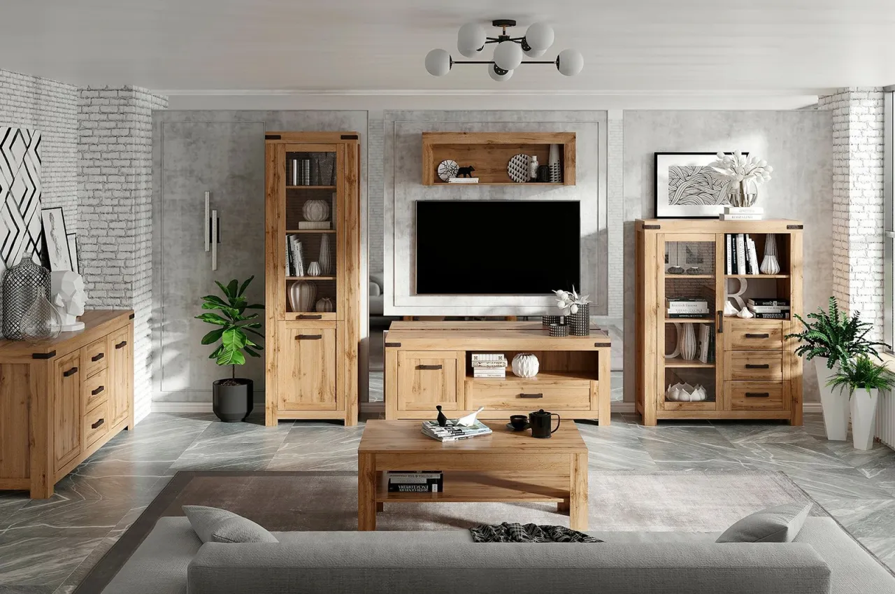 szara podłoga i drewniane meble inspiracje