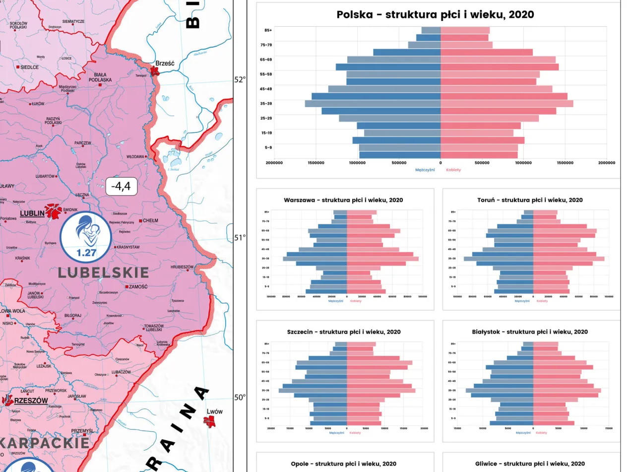 Mapa Polski demografia kobiet miasto wieś