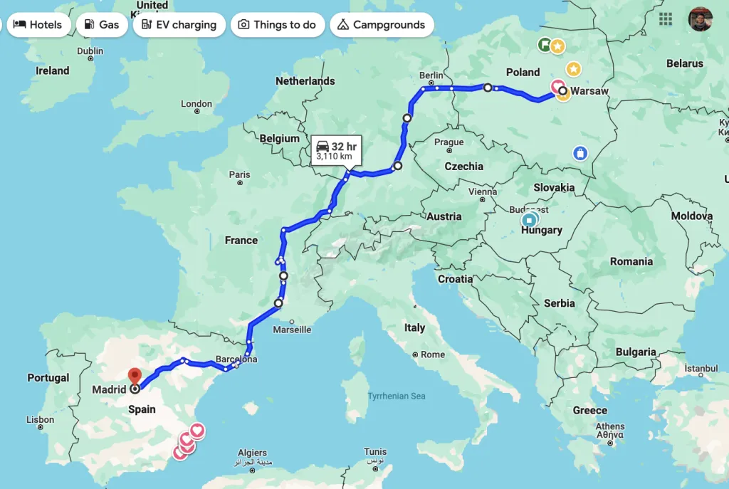 Mapa tras z Polski do Hiszpanii z zaznaczonymi gł&oacute;wnymi autostradami