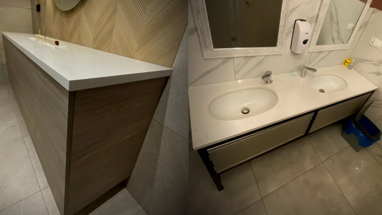 Blaty łazienkowe z konglomeratu kwarcowego i marmurowego por&oacute;wnanie