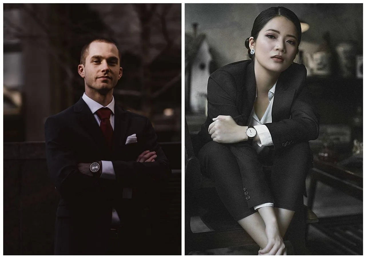 Mężczyzna i kobieta w eleganckim stylu biznesowym. On w garniturze i krawacie, ona w dopasowanej marynarce.