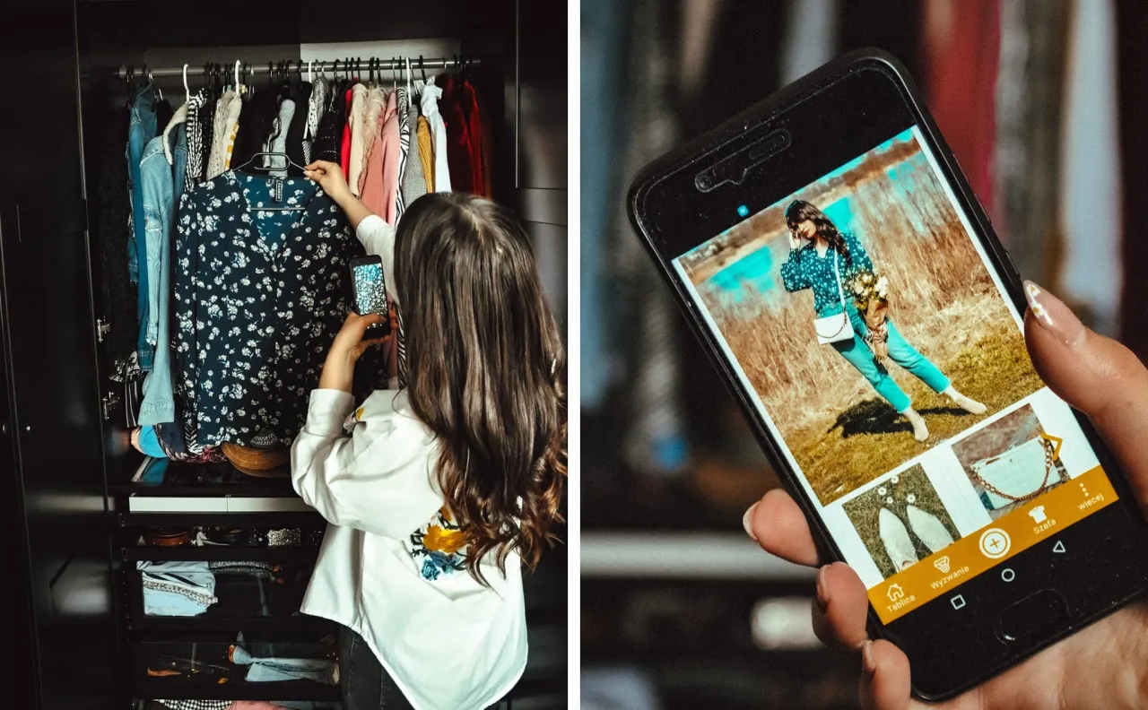 kobieta używająca aplikacji do stylizacji na smartfonie przed otwartą szafą
