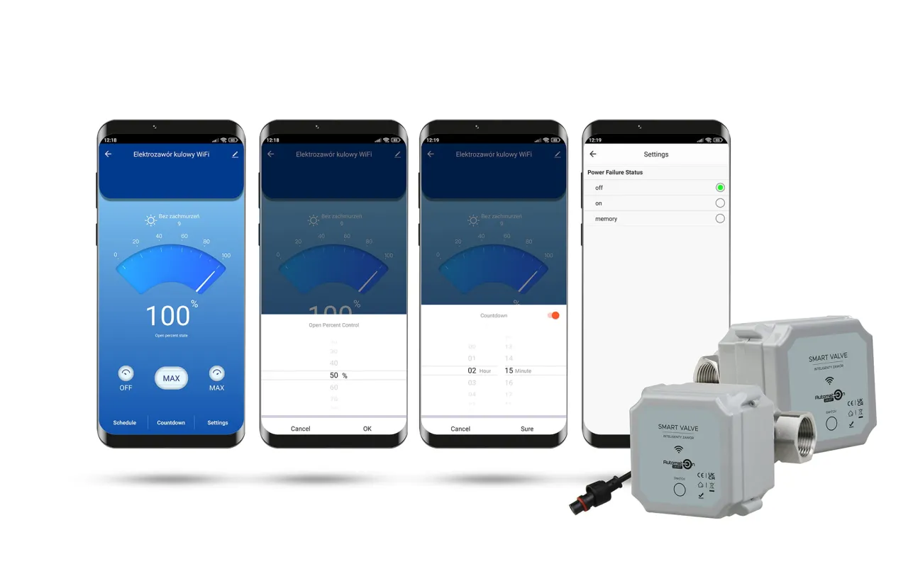 Aplikacja sterująca systemem antyzalaniowym pokazuje 100% otwarcia zaworu. Obok dwa inteligentne zawory.