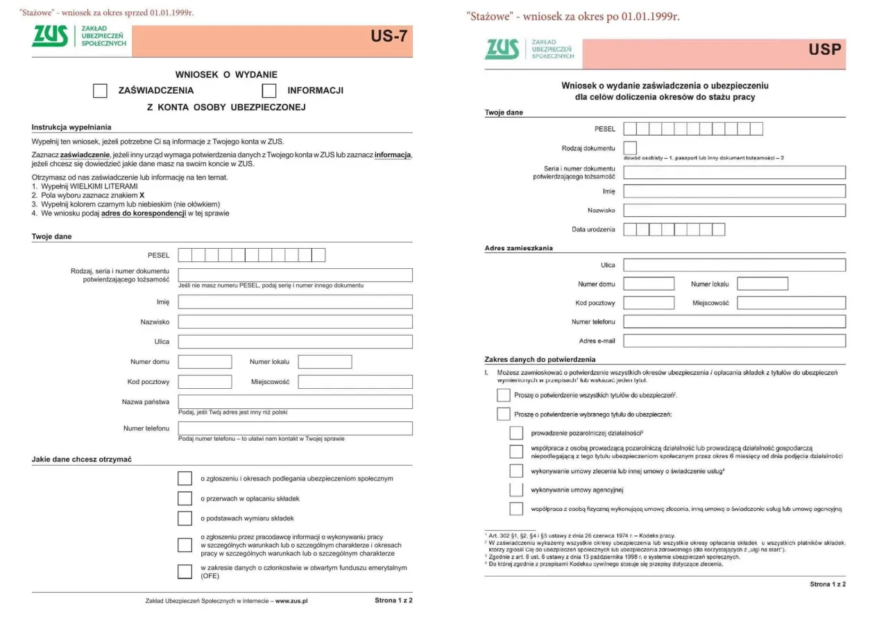 Formularz ZUS US-7. Wniosek o wydanie zaświadczenia o ubezpieczeniu dla celów doliczenia okresów do stażu pracy. Czy szkoła zawodowa wlicza się do lat pracy?