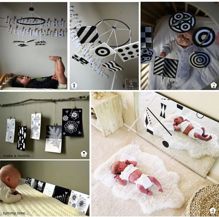 niemowlę obserwujące zabawki czarno białe