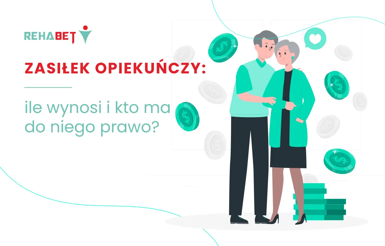 Ilustracja przedstawia parę starszych osób i monety, symbolizujące wsparcie finansowe. Dowiedz się, komu przysługuje zasiłek za opiekę nad osobą starszą.