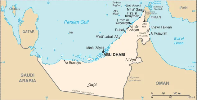 Mapa Dubaju w Zjednoczonych Emiratach Arabskich