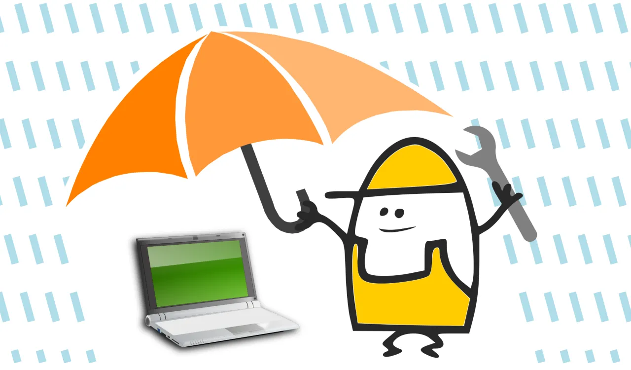 Postać z parasolem i kluczem, obok laptopa. Dowiedz się, co zrobić z zalanym laptopem, aby go uratować.