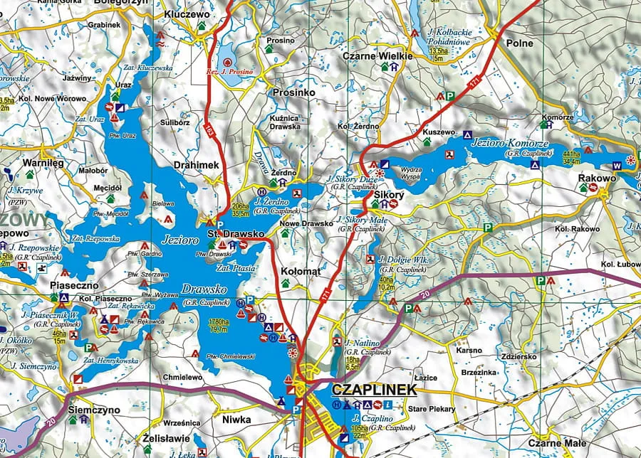 Mapa jezior Pojezierza Drawskiego i Zachodniopomorskiego
