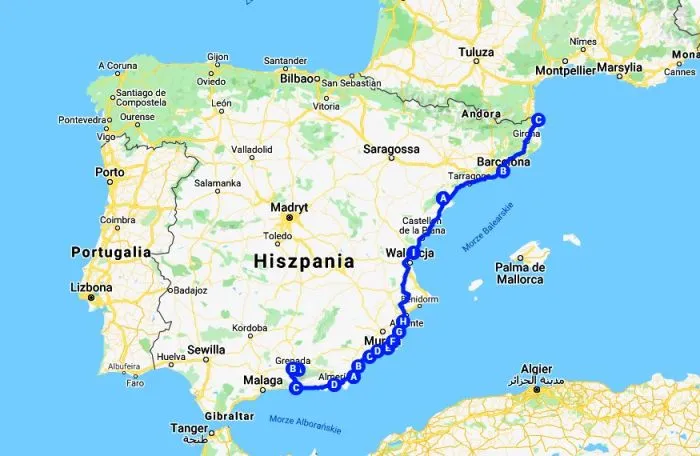 Mapa wybrzeży Morza Śródziemnego Hiszpanii