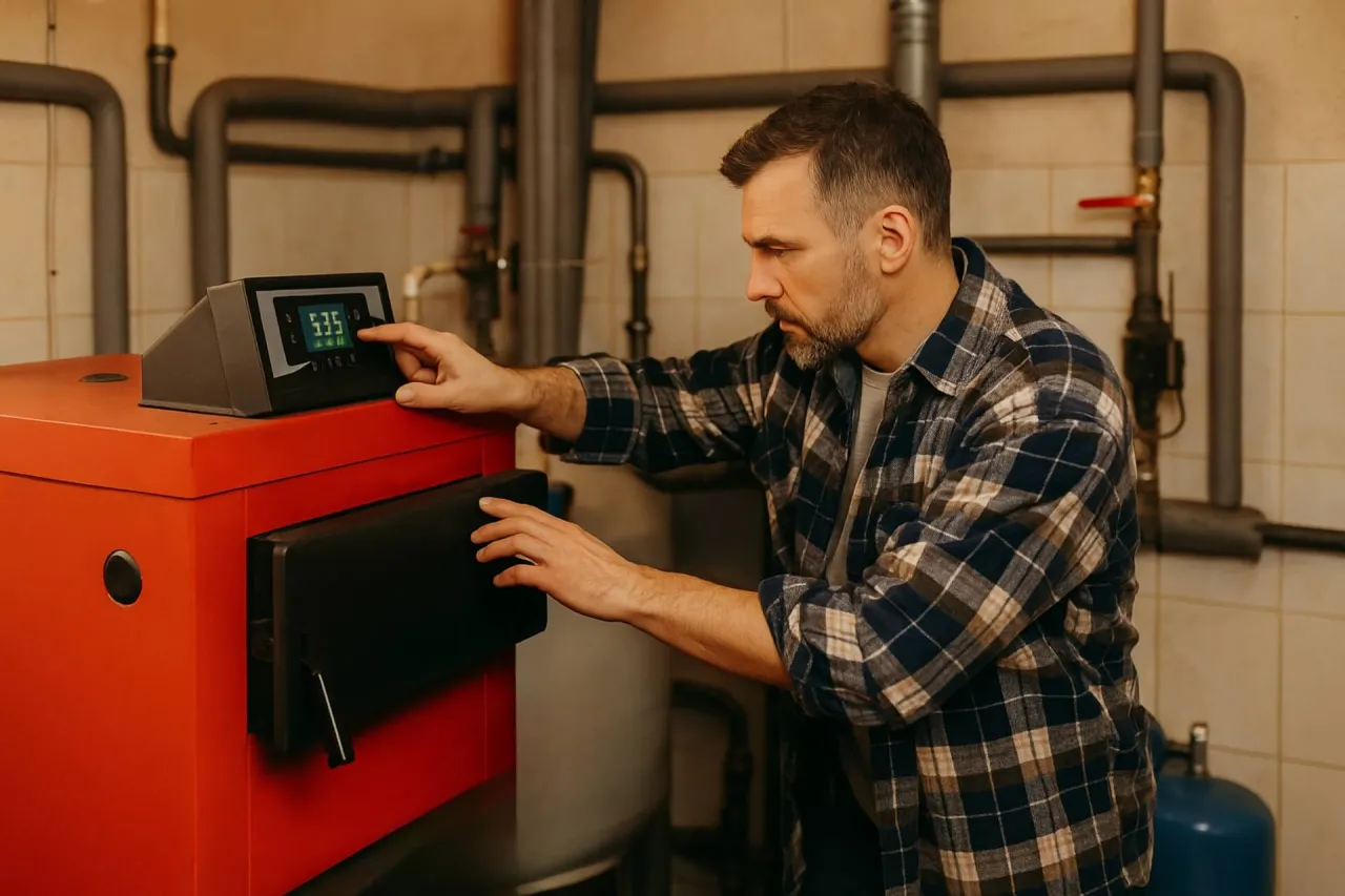 Mężczyzna reguluje sterownik pieca na ekogroszek. Poznaj, jak ustawić piec na ekogroszek, by cieszyć się ciepłem.