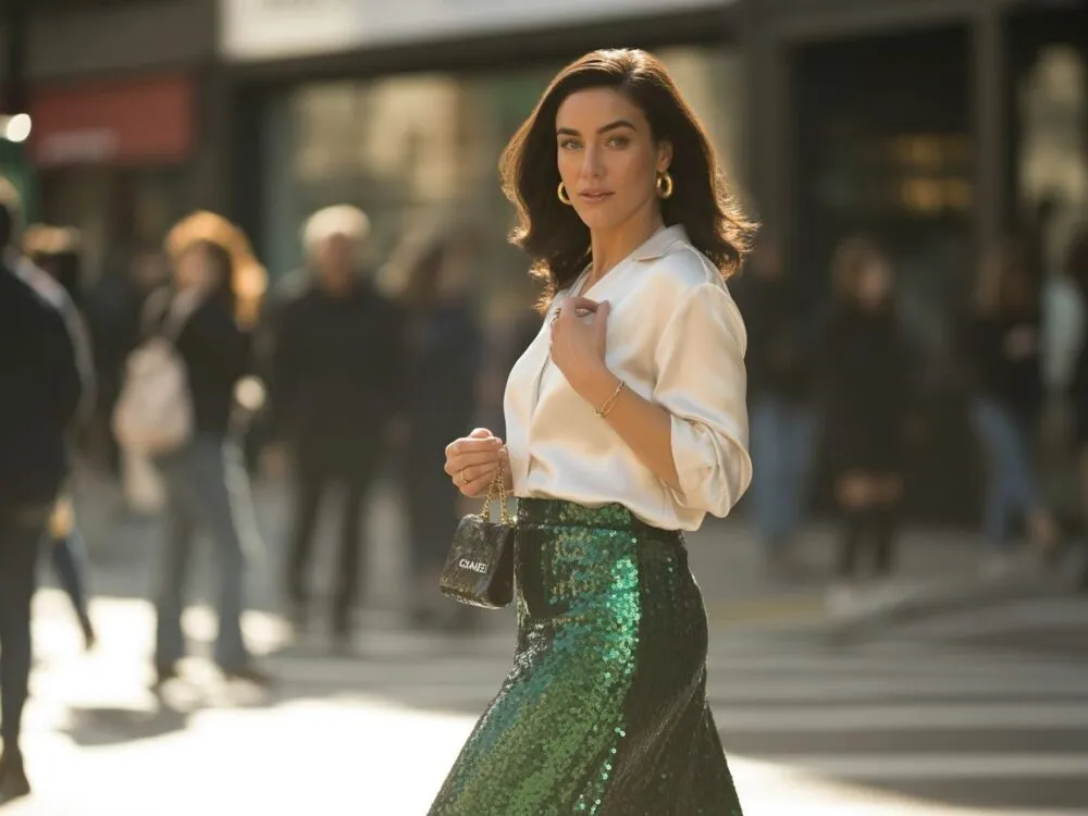 cekinowa spódnica casual stylizacje t-shirt sweter