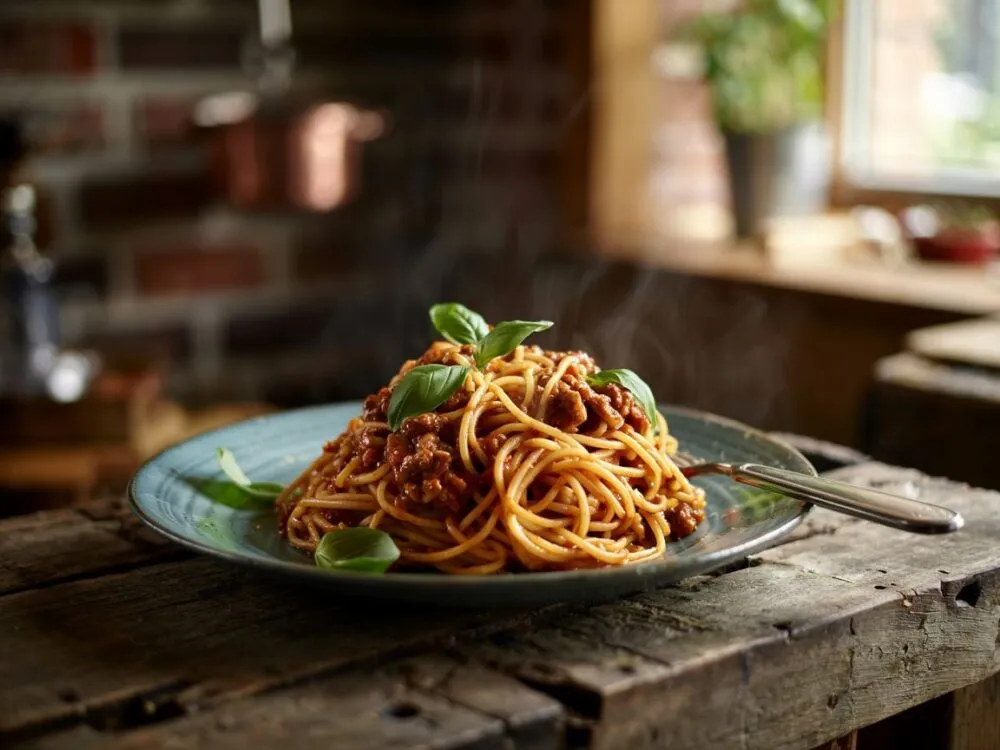 apetyczne spaghetti z mięsem mielonym na talerzu