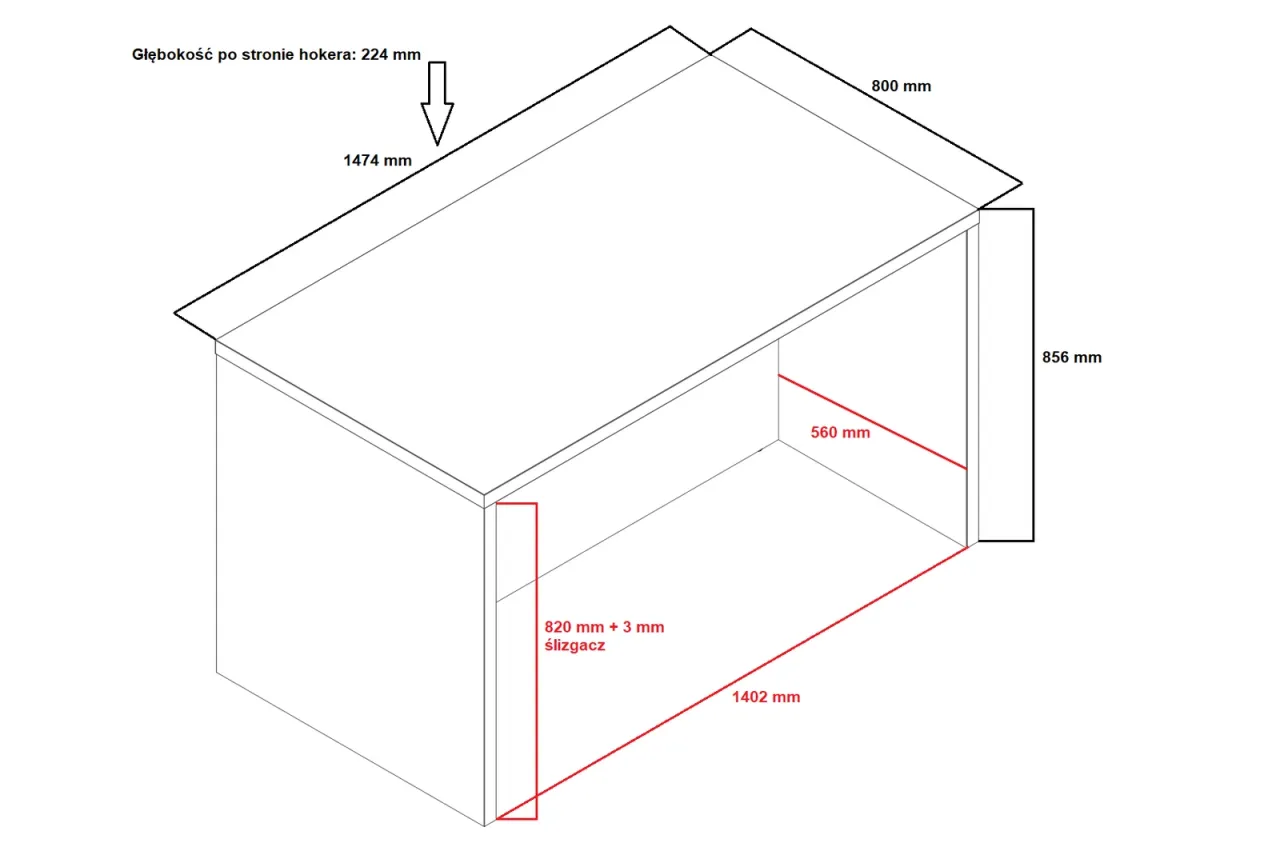 przekr&oacute;j wyspy kuchennej z wymiarami ergonomicznymi