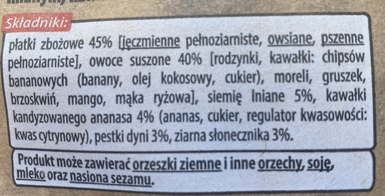 Etykieta musli analiza składu cukier i tłuszcze