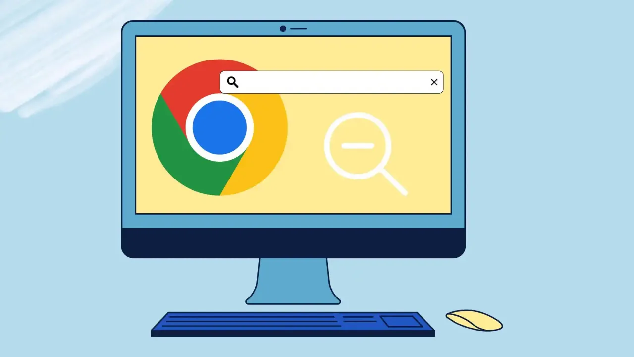 Komputer z logo Chrome i ikoną lupy z minusem. Dowiedz się, jak zmniejszyć stronę w przeglądarce, aby lepiej widzieć.