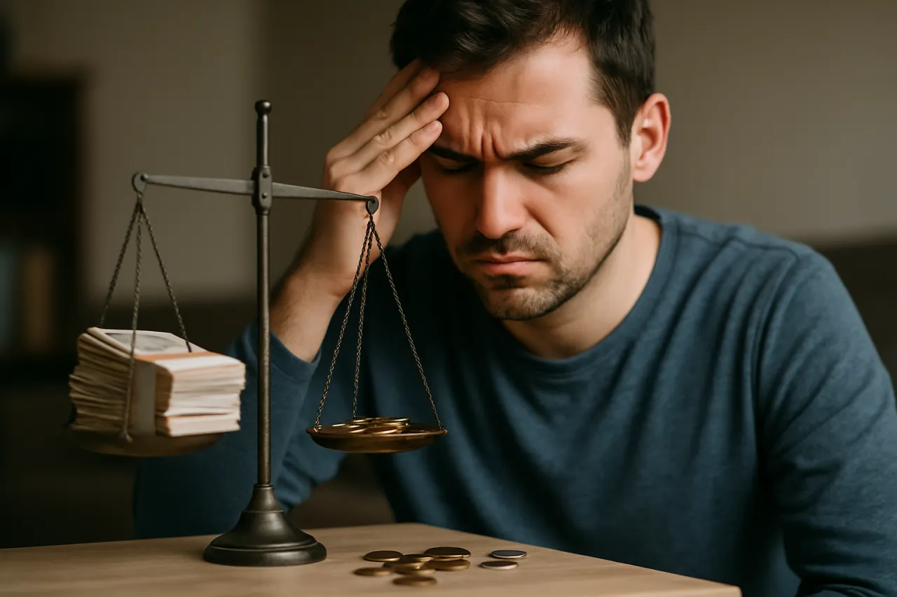 Zmartwiony mężczyzna z wagą, na której jedna szalka zawiera stos banknotów, a druga monety. Zastanawia się, co to jest pożyczka konsolidacyjna.