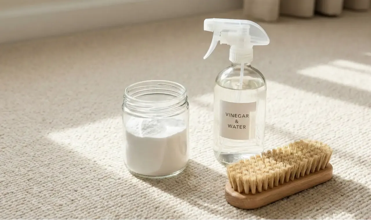 Soda oczyszczona, ocet i szczotka - naturalne sposoby, jak zneutralizować zapach wymiocin na dywanie.