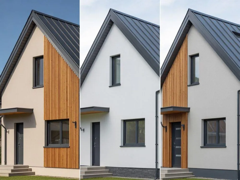 elewacja połączenie tynku drewna kamienia grafit złoty dąb