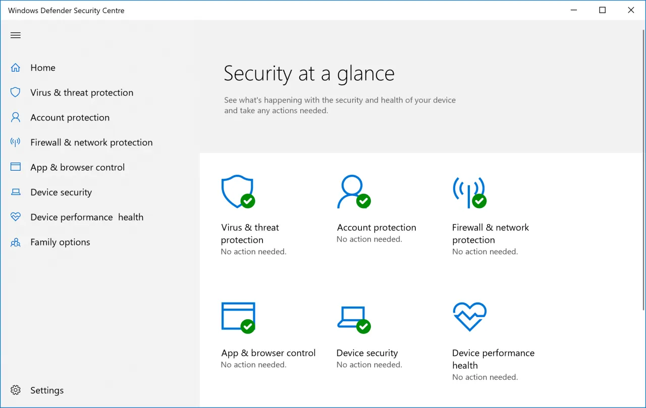 Windows Defender Security Centre pokazuje, że Windows 11 ma wbudowanego antywirusa. Wszystkie opcje ochrony są aktywne.