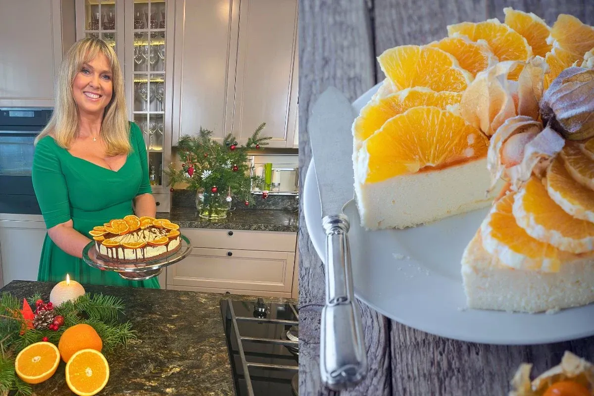 Kobieta w zielonej sukience prezentuje sernik pomarańczowy. Pytanie: ile razy zmielić ser na sernik?