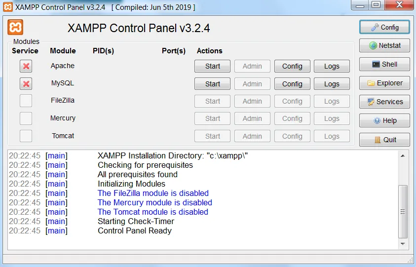 XAMPP Control Panel uruchomione moduły Apache MySQL