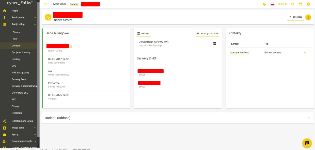 Panel zarządzania domeną. Widok szczegółów usługi, gdzie można sprawdzić dane billingowe, serwery DNS i kontakty. Informacje pomocne, jak przenieść domenę.