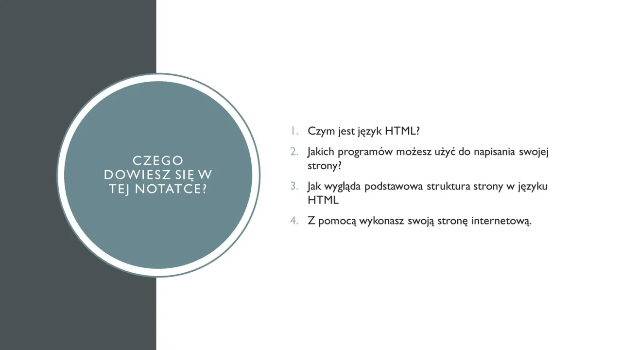 Notatka wyjaśnia, jak zacząć stronę HTML: czym jest HTML, jakie programy wybrać, jak wygląda struktura strony i jak ją wykonać.