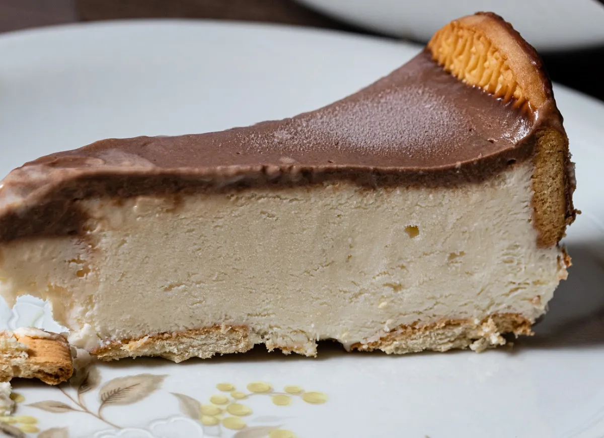 Pyszny kawałek sernika z polewą czekoladową, idealny na dietetyczne ciasto z kaszy manny. Kruchy sp&oacute;d i kremowe wnętrze.