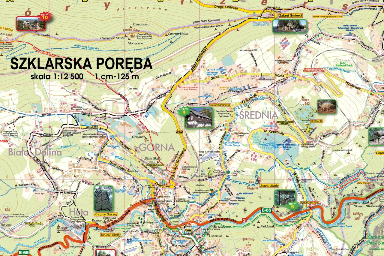 Mapa Szklarskiej Poręby z zaznaczonymi szlakami. Gdzie najlepiej szlaki? Zobacz mapę i zaplanuj wędr&oacute;wkę po Karkonoszach.