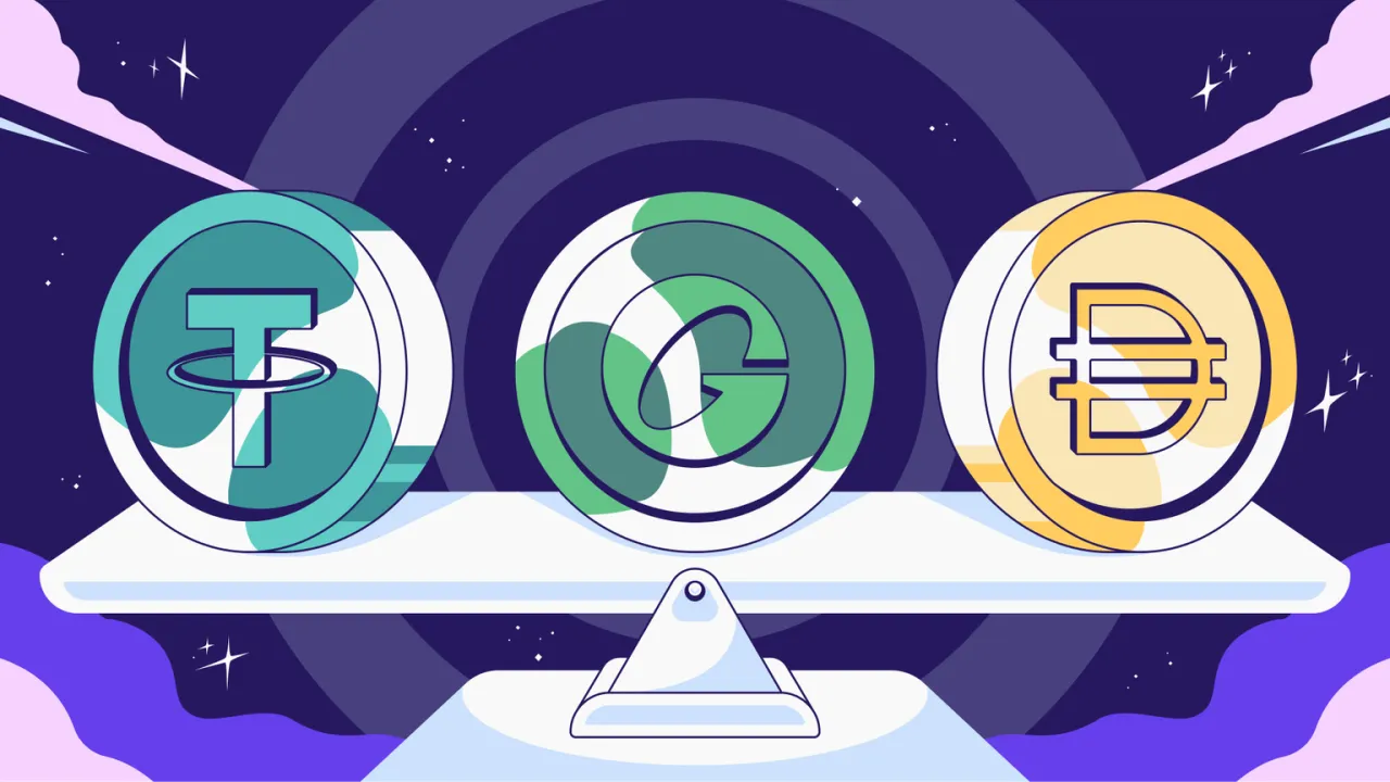 Trzy monety kryptowalutowe na wadze: Tether, Gemini Dollar i DAI. Dowiedz się, stablecoin co to jest i jak działa.