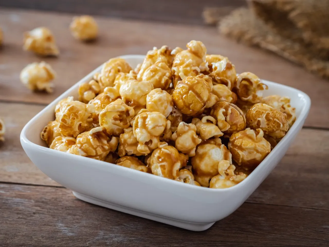 Chrupiący karmelowy popcorn w białej misce, idealny na wieczór filmowy. Dowiedz się, jak zrobić popcorn w piekarniku!