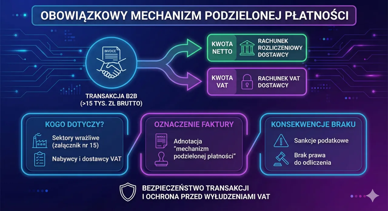 Obowiązkowy mechanizm podzielonej płatności dla transakcji B2B powyżej 15 tys. zł. Określa jaki termin płatności na fakturze jest kluczowy.