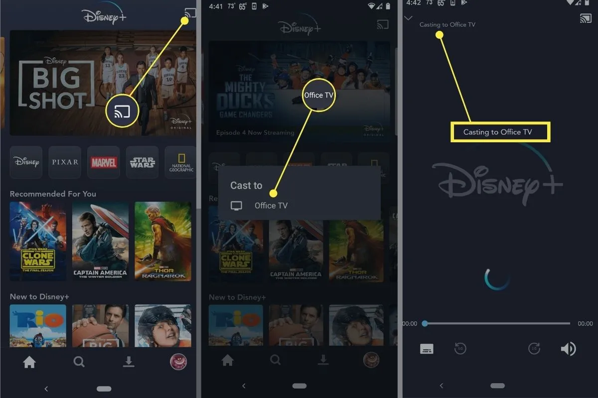 ikona cast disney plus, chromecast podłączony do tv