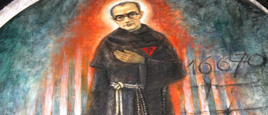 Święty Maksymilian Kolbe z radiem lub symbolami techniki