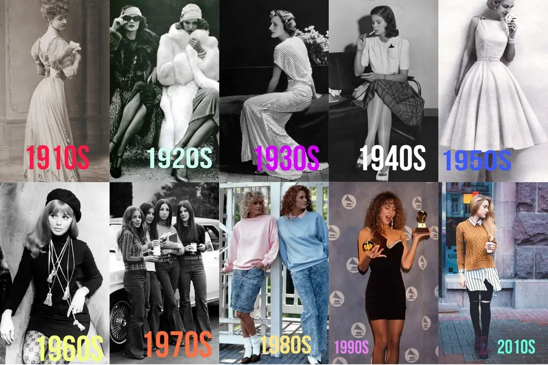 vintage fashion decades, 50s 70s 80s 90s fashion collage