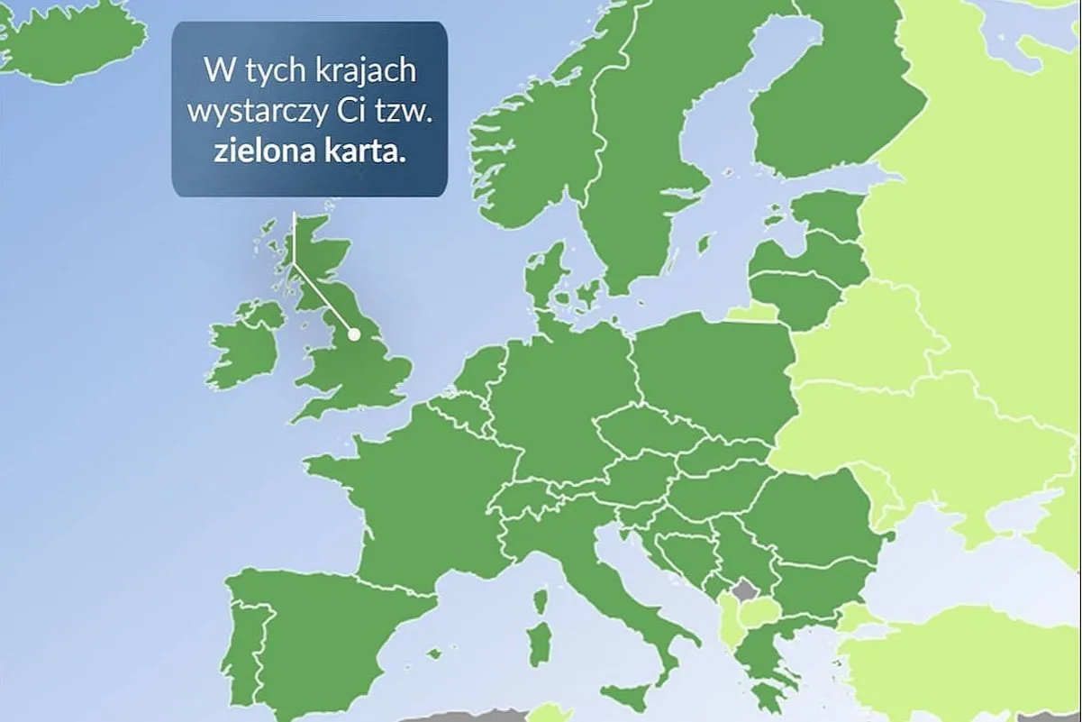 Mapa Europy z zaznaczonymi krajami, gdzie wystarczy zielona karta. Ubezpieczenie auta na wyjazd za granicę jest kluczowe.