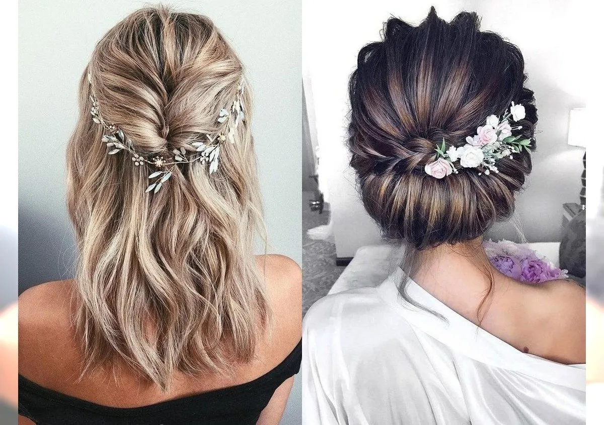 Dwie propozycje fryzur na wesele dla włos&oacute;w średnich jako gość: rozpuszczone z ozdobną opaską lub elegancki kok z warkoczem i kwiatami.