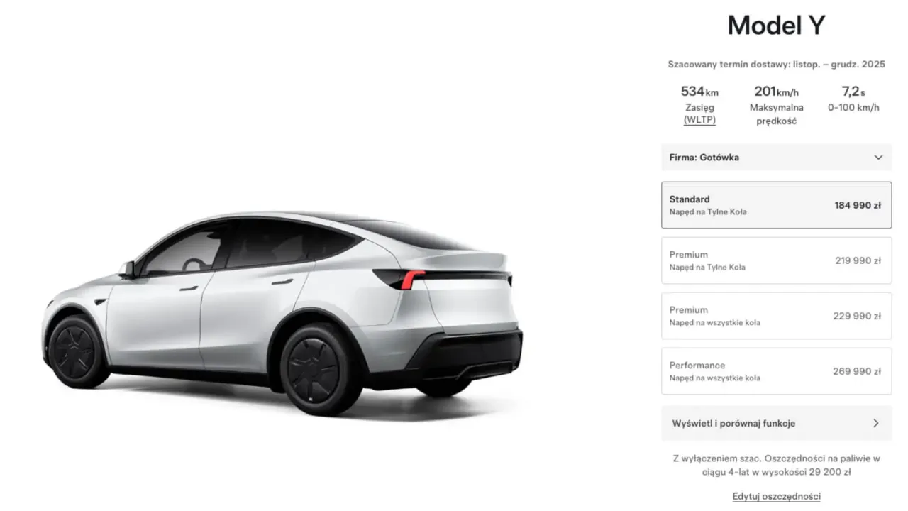 Biała Tesla Model Y. Sprawdź, ile kosztuje Tesla Model Y w r&oacute;żnych wersjach: Standard od 184 990 zł, Premium od 219 990 zł, Performance od 269 990 zł.