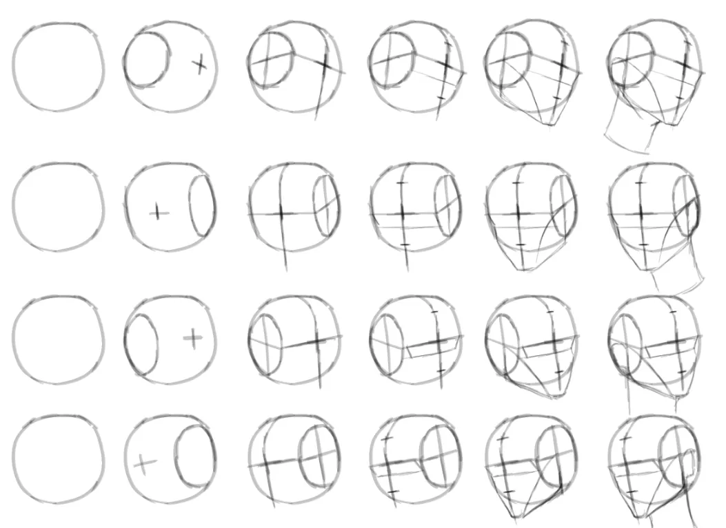 Anime Kopf zeichnen Anf&auml;nger Kreis Kreuz Methode