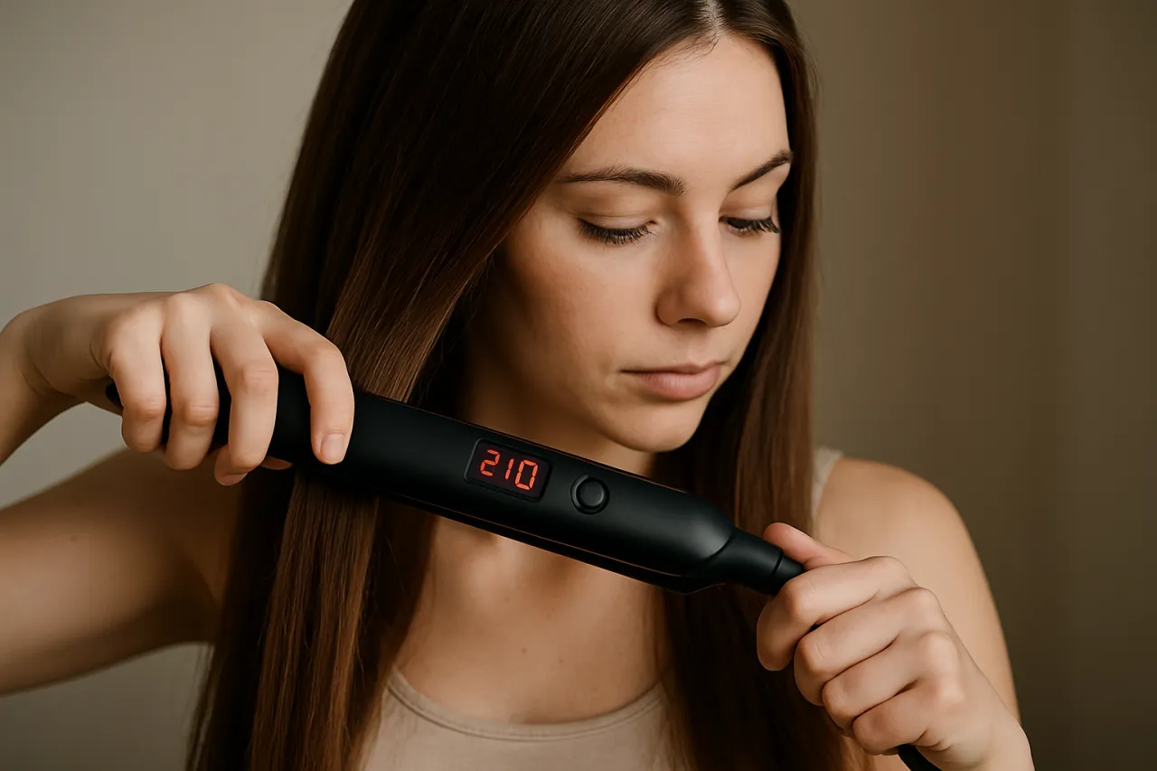 Kobieta prostuje włosy. Prostownica ustawiona na 210 stopni.