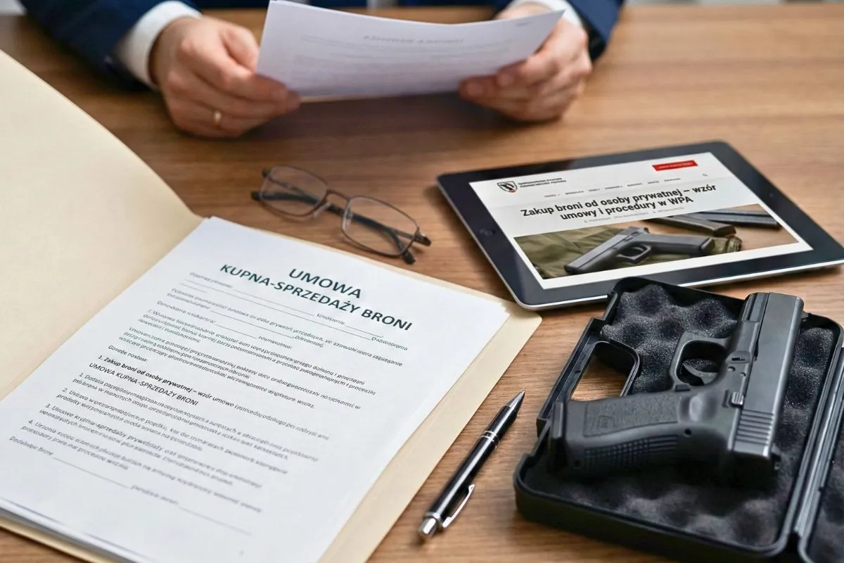 Umowa kupna-sprzedaży broni, pistolet w futerale, tablet z informacją 